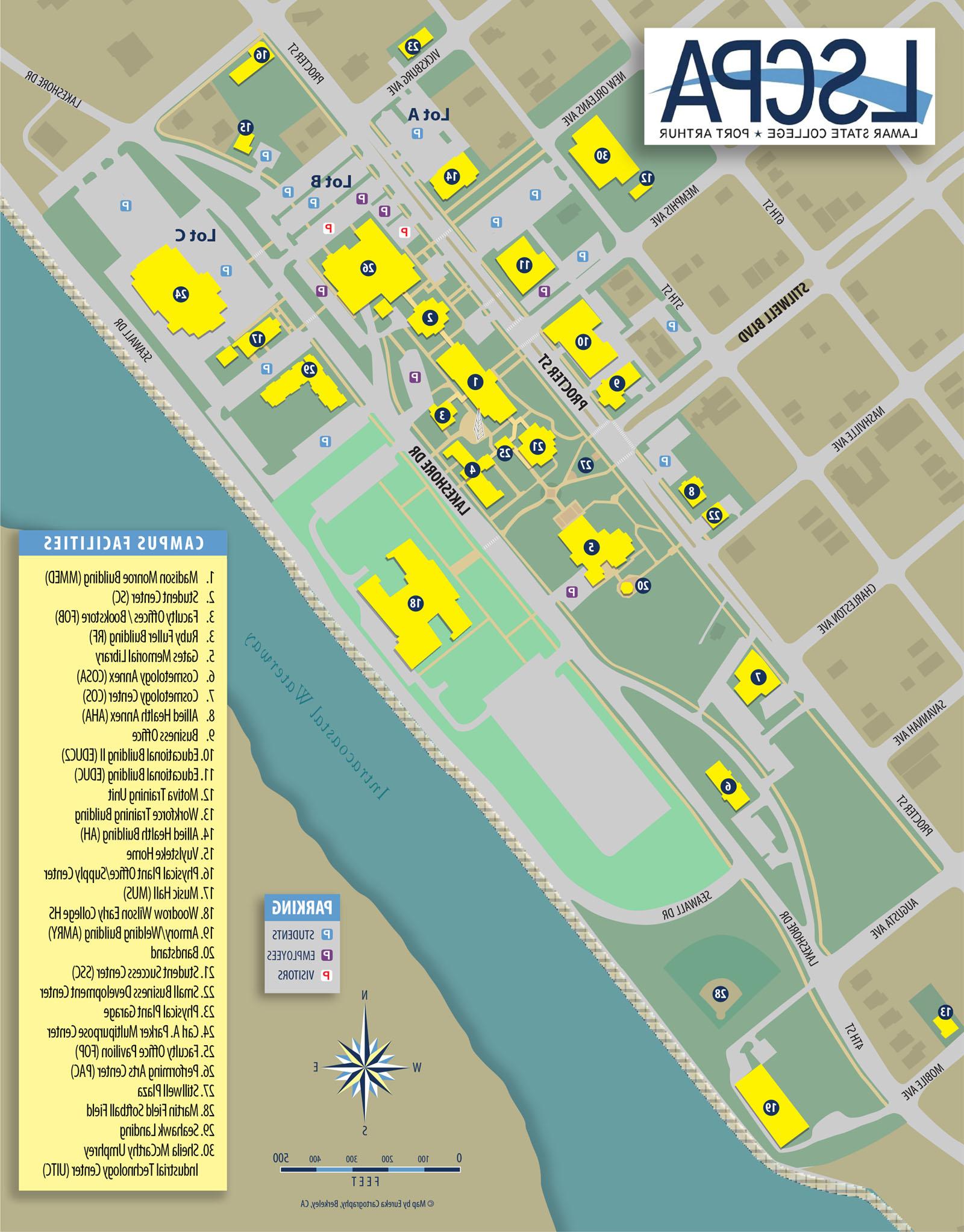 Campus map showing buildings and parking areas.